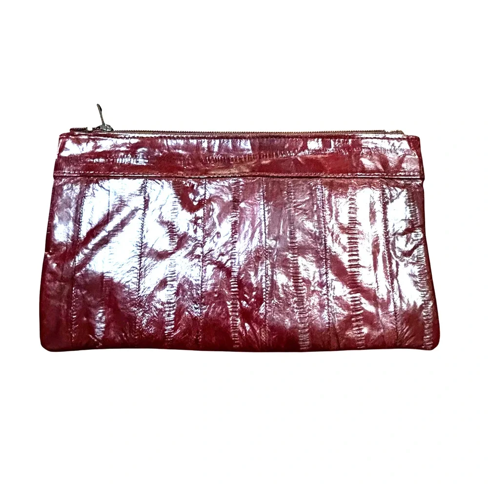 Vintage eel skin leather wallet zipper top pouch deep red slim 1980’s Korea